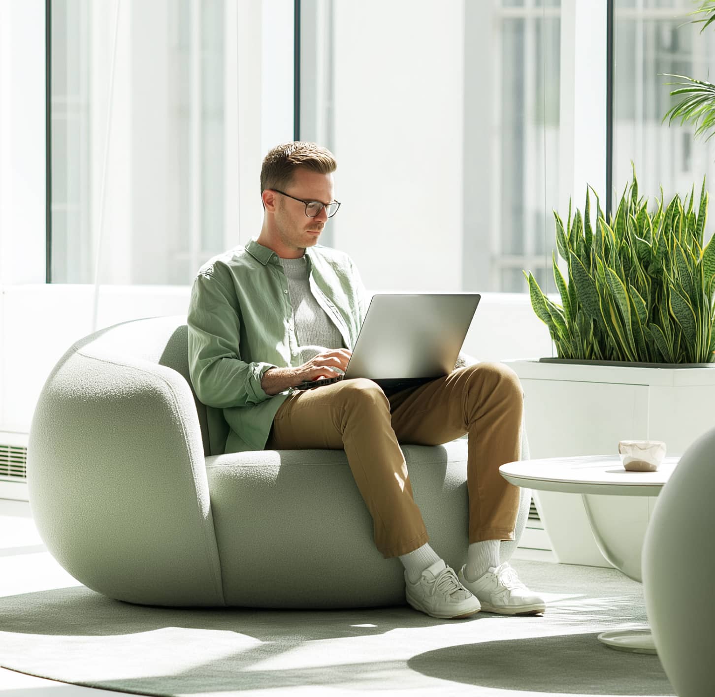 Man Working On Laptop In Modern Minimal Office
